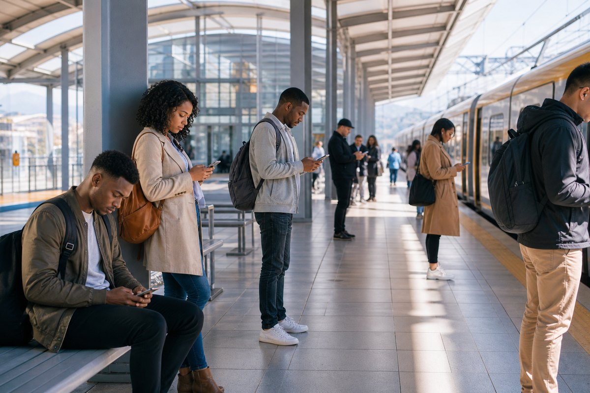 Commuters using mobile phones while waiting at a South African train station.